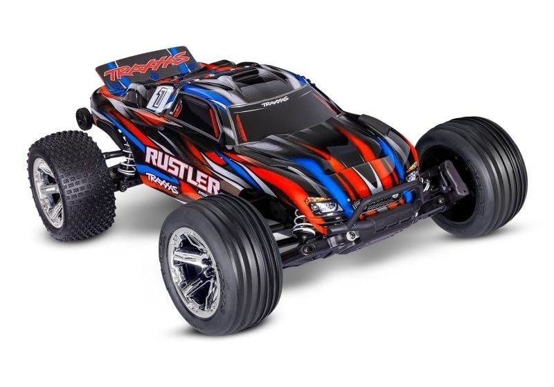 TRAXXAS RUSTLER 1/10 2WD STADIUM-TRUCK ROT RTR BL-2S BRUSHLESS, HD SET mit Fernsteuerung, Lipo Akku und und 4A USB-Lader