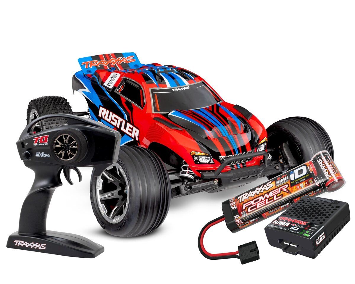 TRAXXAS Rustler rot 1/10 2WD Stadium-Truck RTR  Brushed, HD, mit Akku und 4Ampere USB-C-Lader