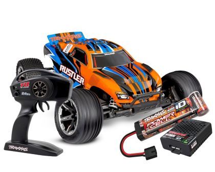 TRAXXAS Rustler orange 1/10 2WD Stadium-Truck RTR  Brushed, HD, mit Akku und 4Ampere USB-C-Lader